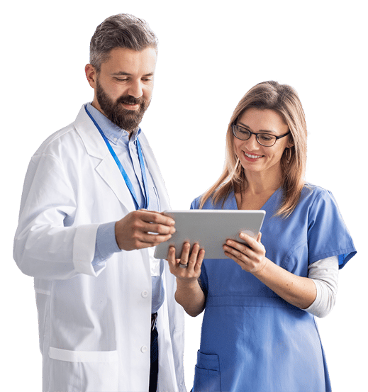 medical people looking at tablet