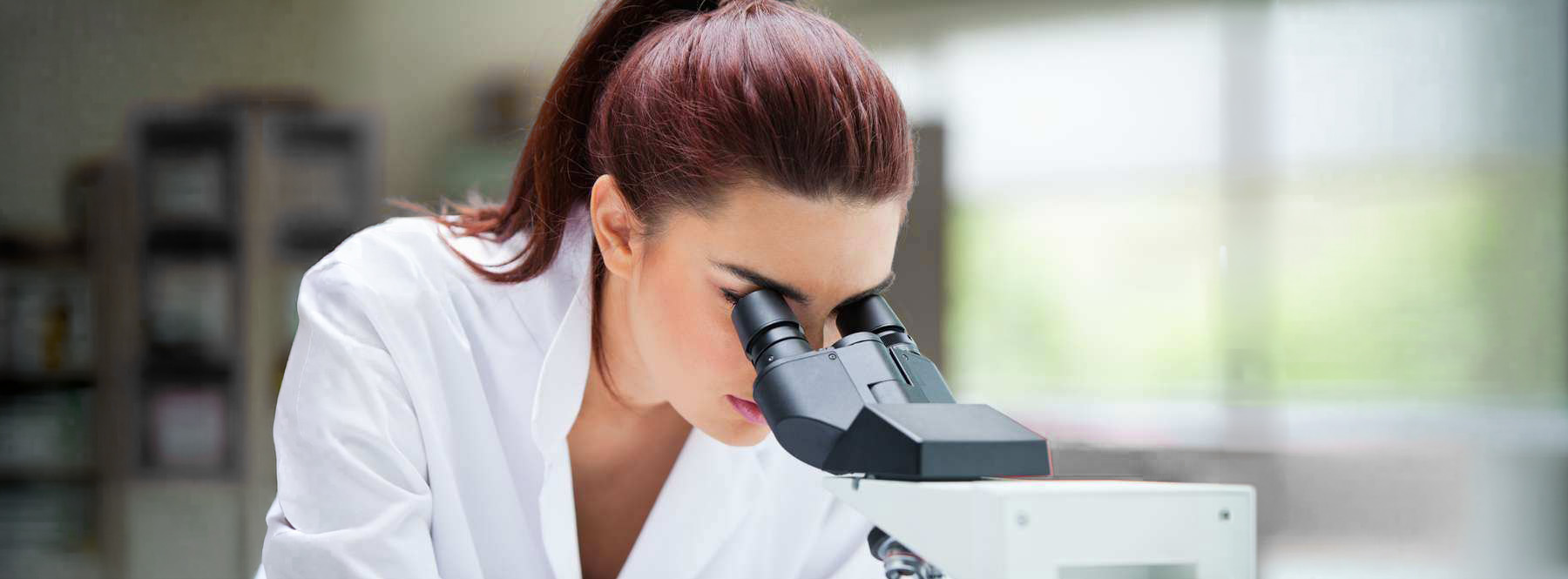 Close up of a scientist looking into a microscope in a laboratory wide